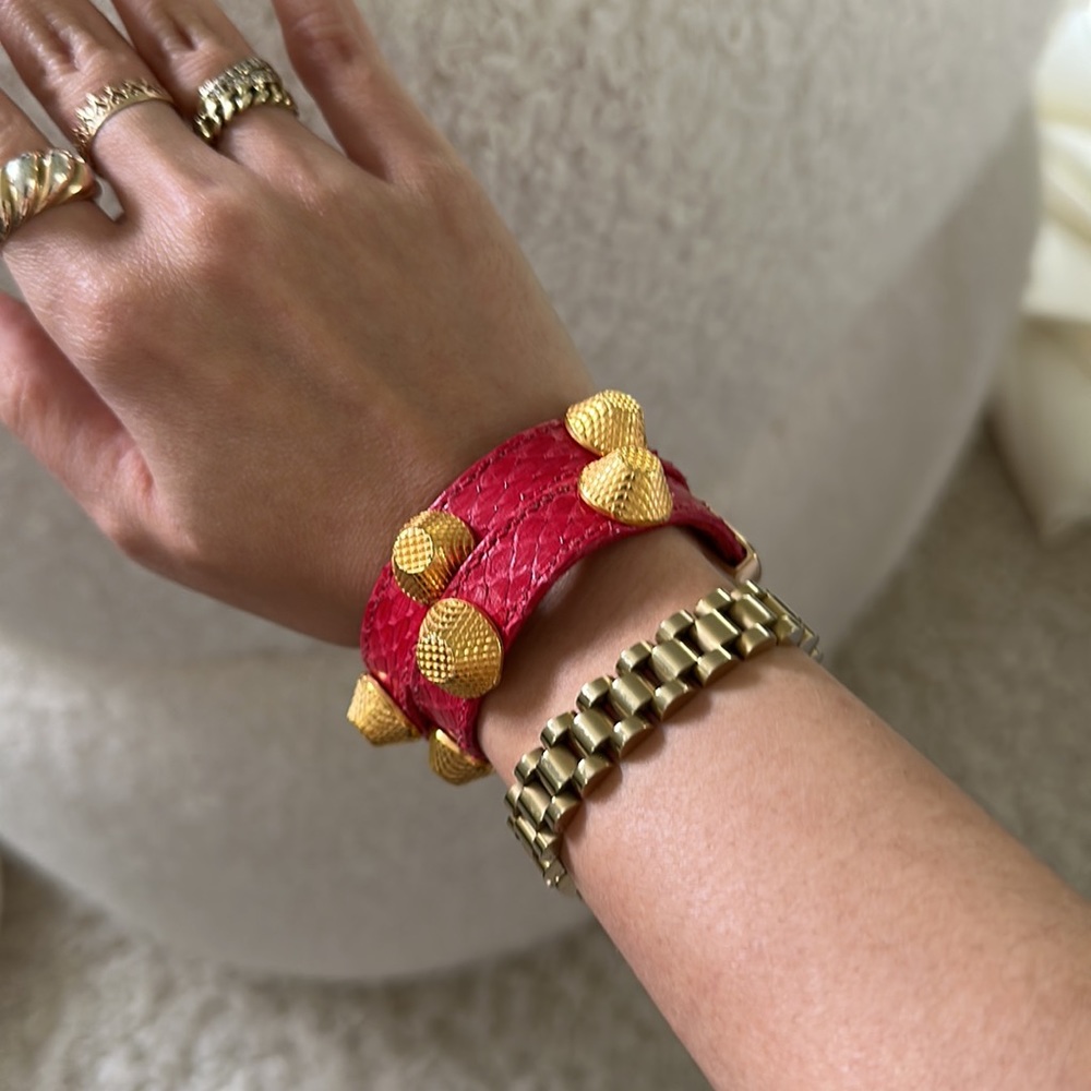 red genuine snakeskin leather and gold hardware wrap bracelet Balenciaga style